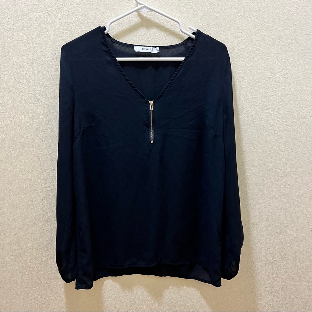 Dark Navy Blue Quarter Zip Blouse